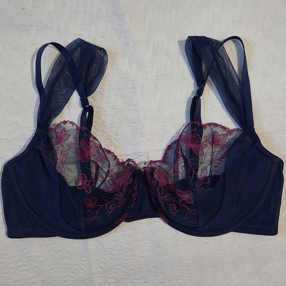 Adore Me Navy and Pink Lace Bra